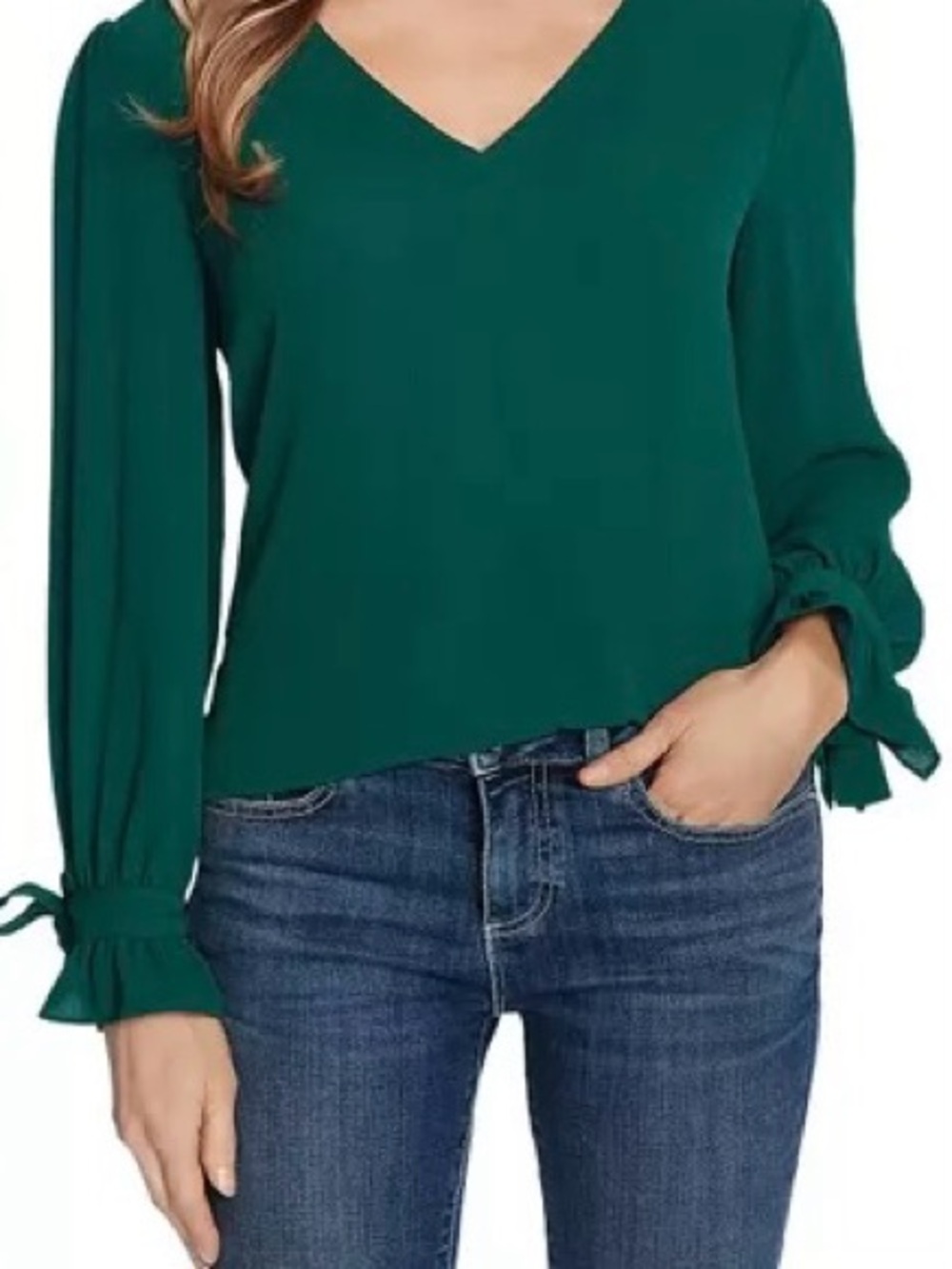 CeCe Emerald Green Tie Sleeve V-Neck Blouse Size Medium